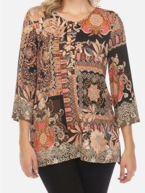 Johnny Was Boho Patchwork Floral Tunic - Black, Pink & Tan size medium